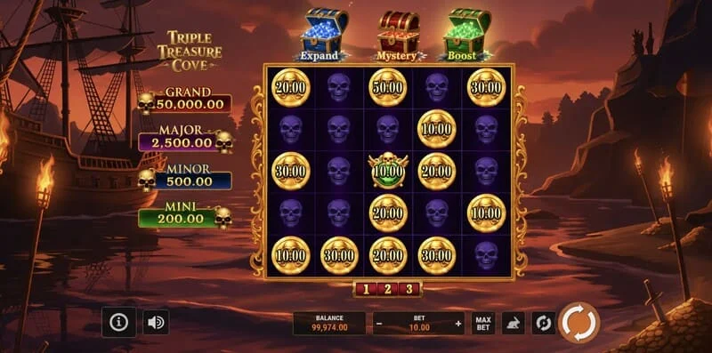 Triple Treasure Cove - მთავარი ეკრანი დოლურებით და მეკობრეების ყურით